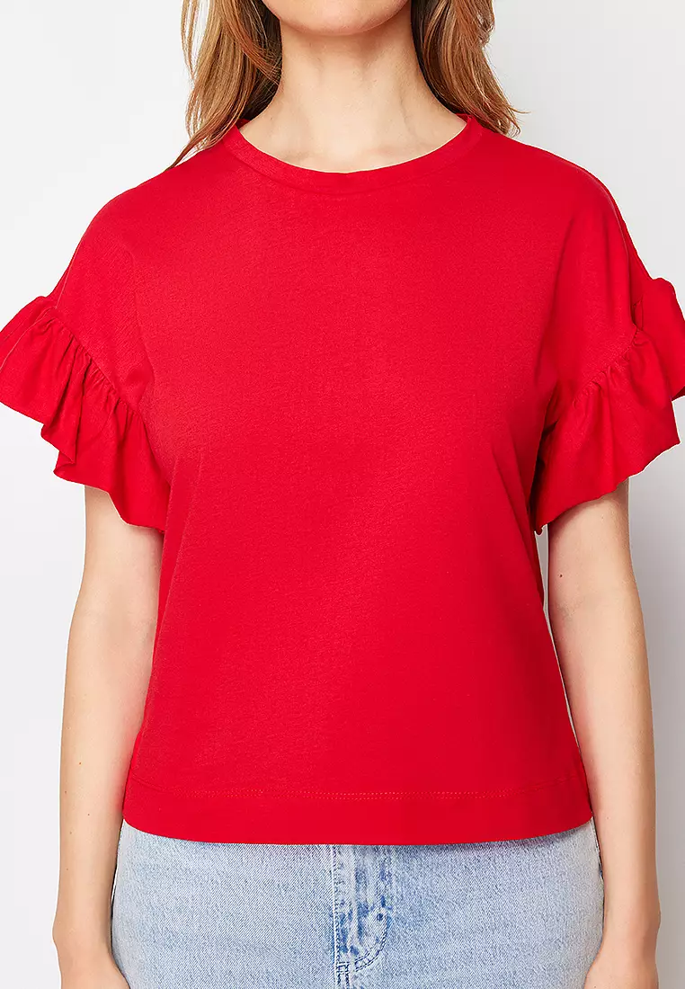 Red Ruffle Detailed Basic Crew Neck Knitted T-Shirt