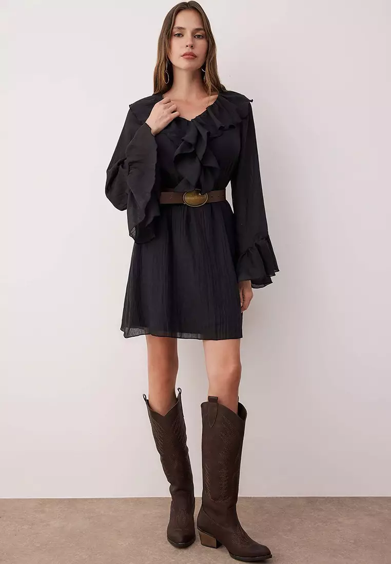 Black Ruffle Detailed Boho Short / Mini Woven Dress