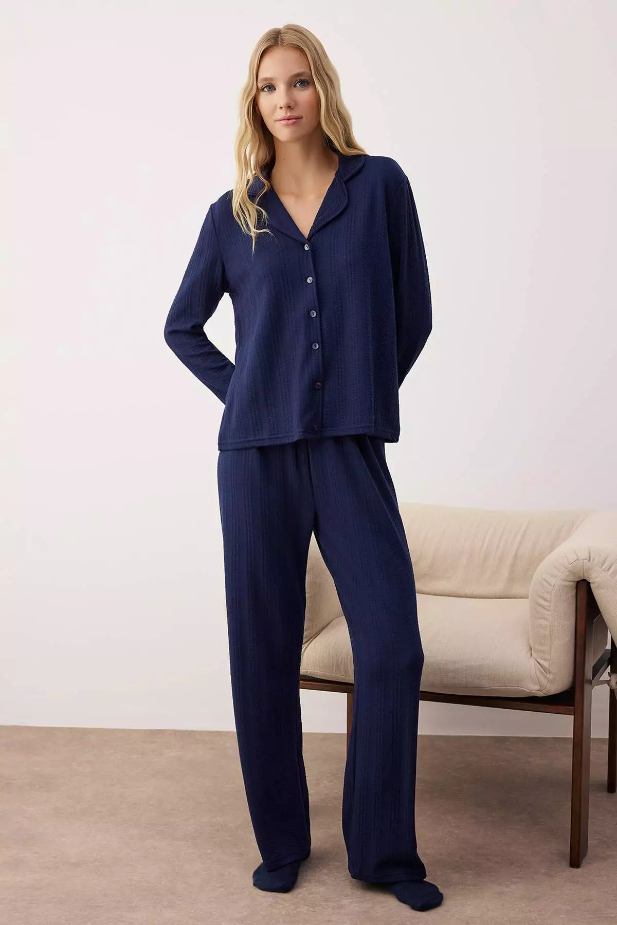 Navy Blue Textured Corduroy Soft Touch Winter Knitted Pajama Set