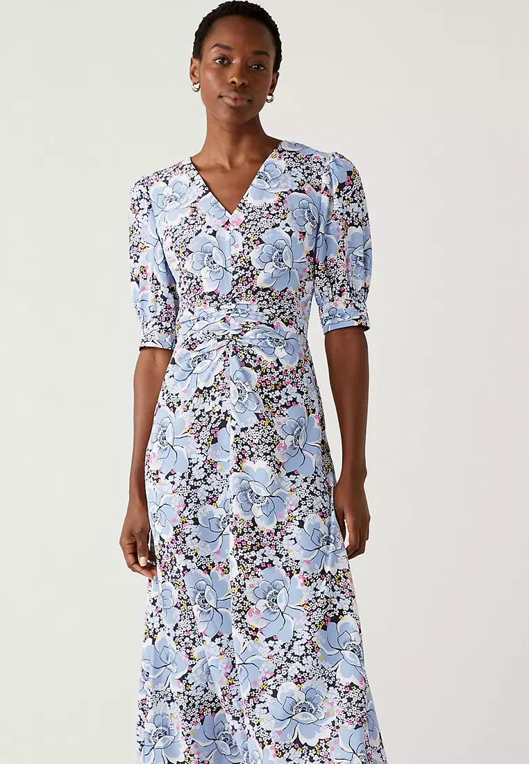 Jual Marks Spencer Floral V-Neck Midi Waisted Dress Original