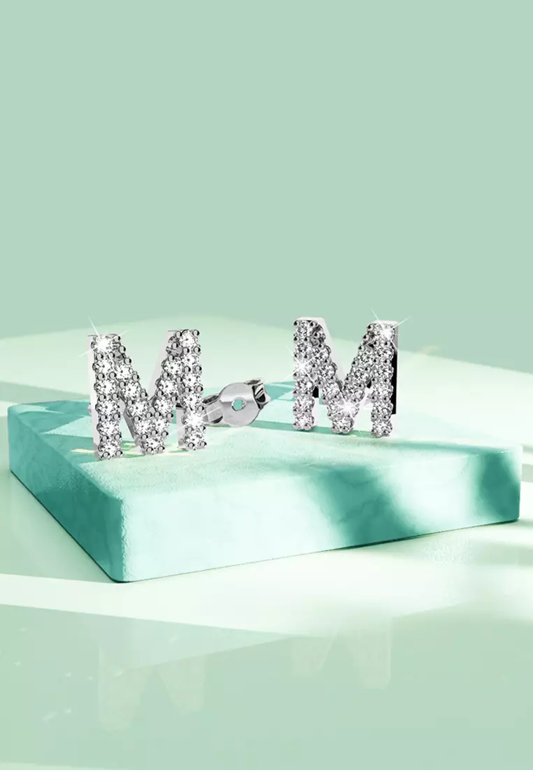Solid 925 Sterling Silver Glamour Alphabet Letter Earrings  - M