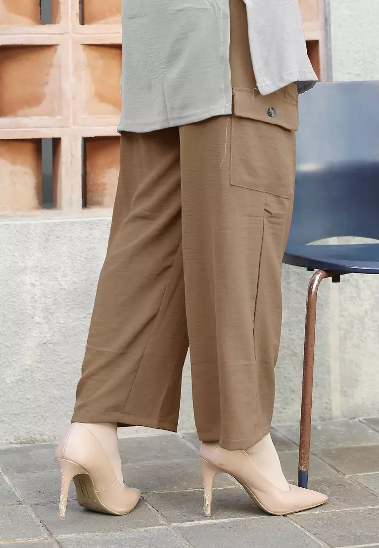 Cotton Bee - Tirana Pants | Celana Wide Legs Wanita | Kulot Basic Pocket - Mocha