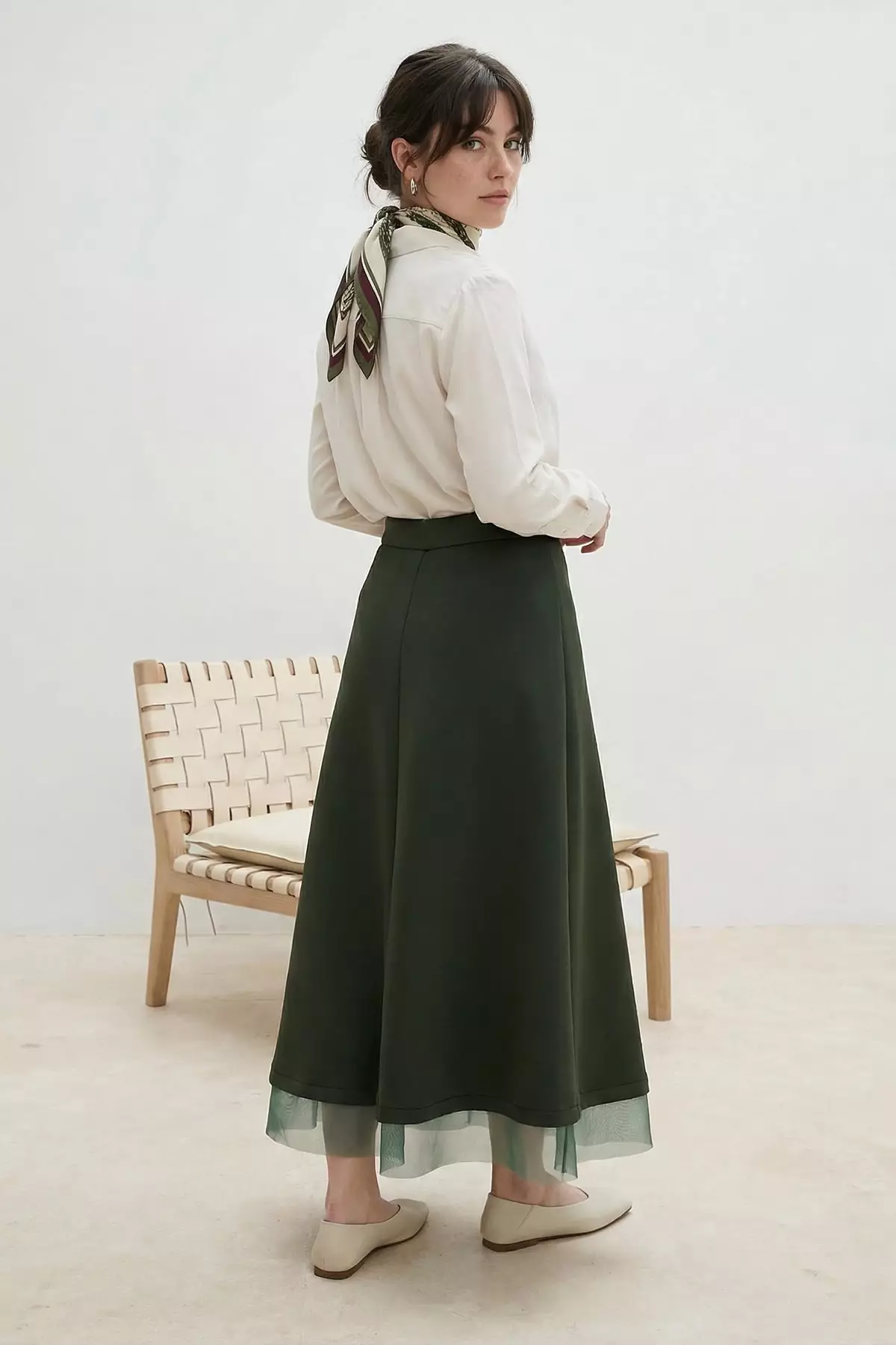 Khaki Unlined Plain Knitted Hem Tulle Detailed Hijab Skirt Tctss26Ee00001