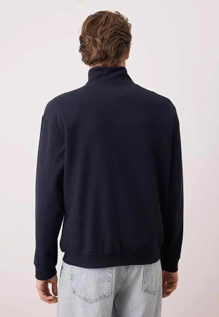 Navy Blue New Oversize/Wide Cut Penguin Embroidered Textured Stand Collar Sweatshirt