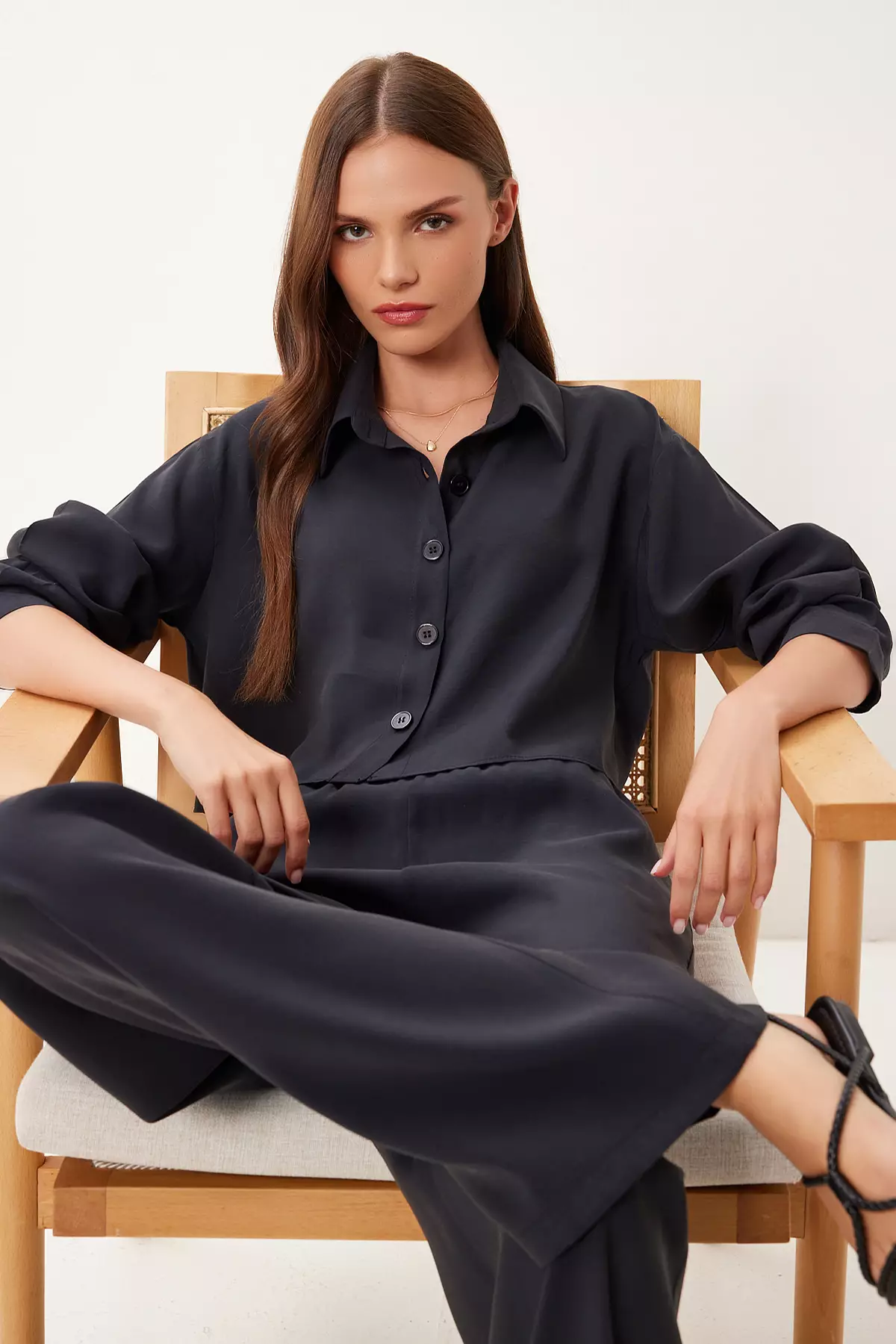 Women's Black Modal Shirt Pants Suit Bv00158