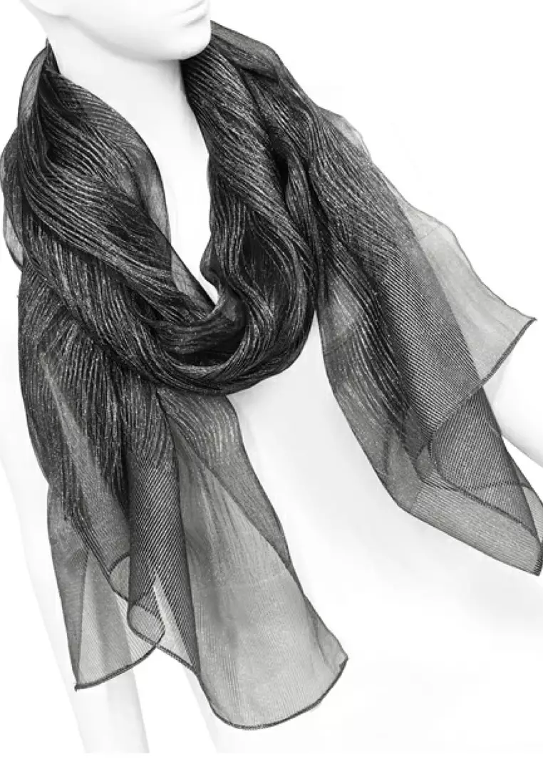 Aksesoris Syal Pesta Wanita Metallic Stripes Embellish 100% Silk Shawl Syal Sutra Wanita Evening Shawl Black & Silver