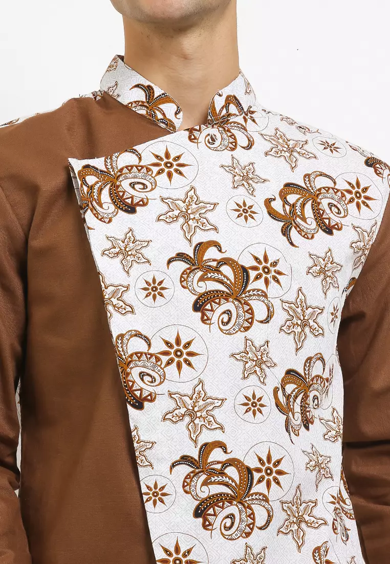 Kemeja Koko Batik Lengan Panjang Katun Premium Ammar White Brown