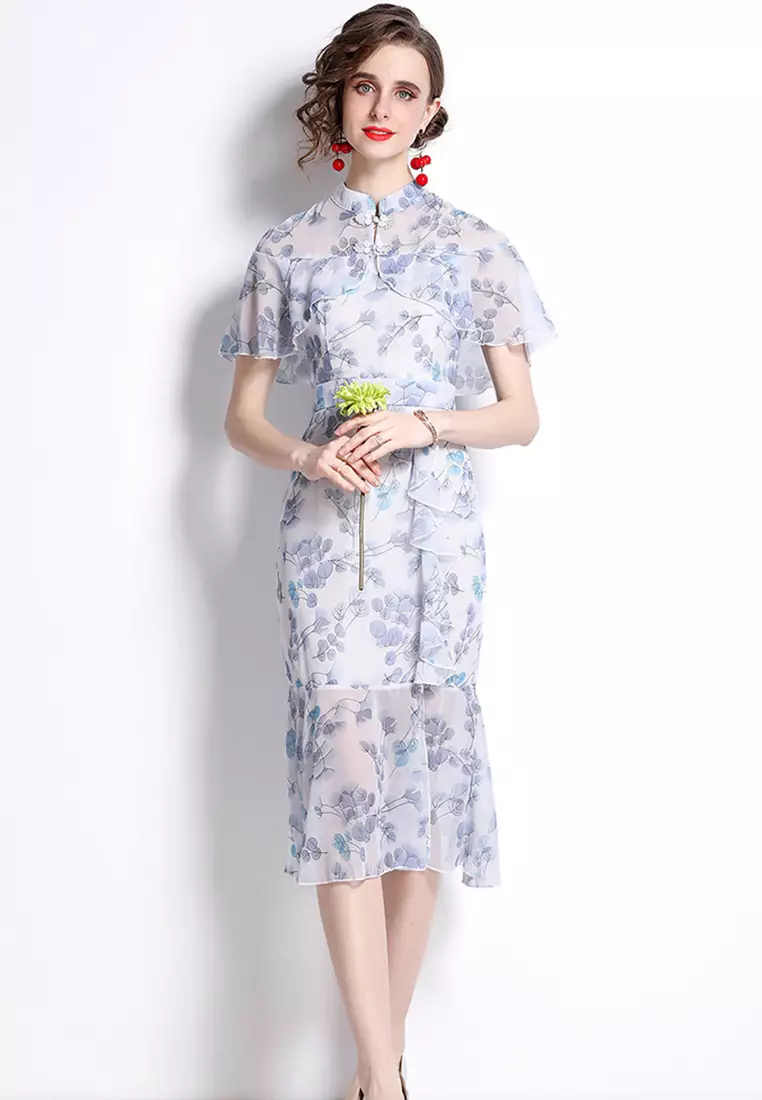 Chinese Cheongsam Style Exquisite Flower Lotus Collar One-piece Dress A22102506