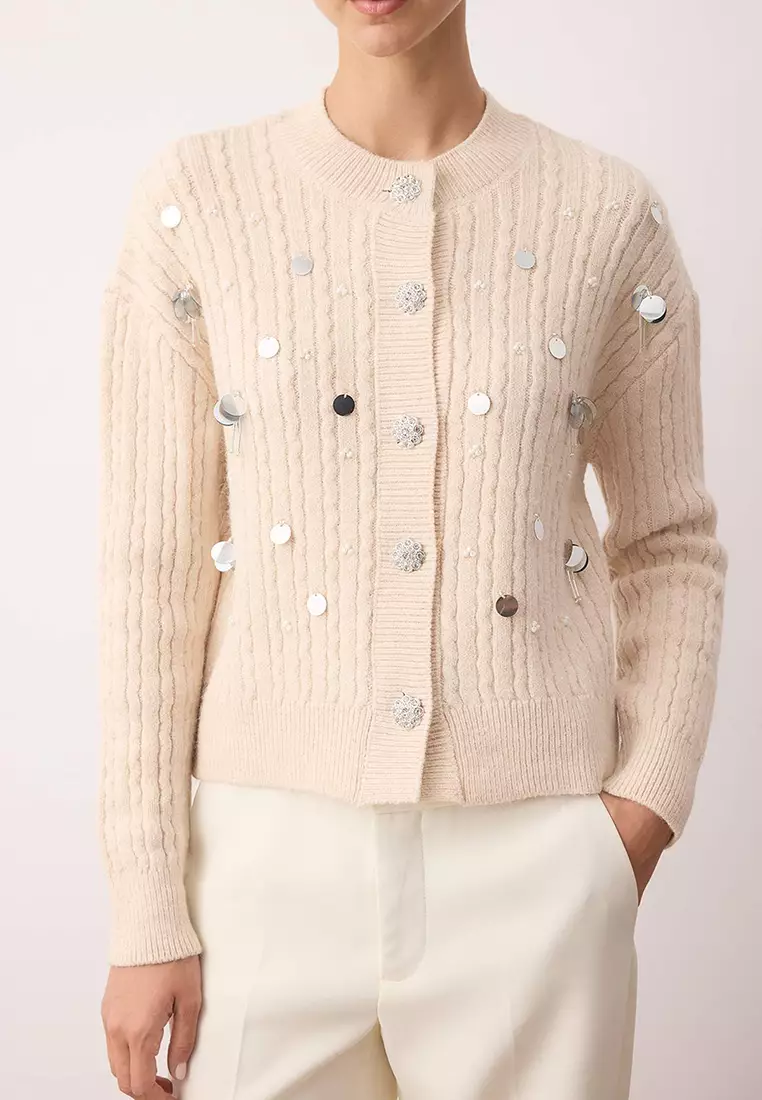 Stone Sequined Mother Of Pearl Button Soft Textured Knitwear Cardigan