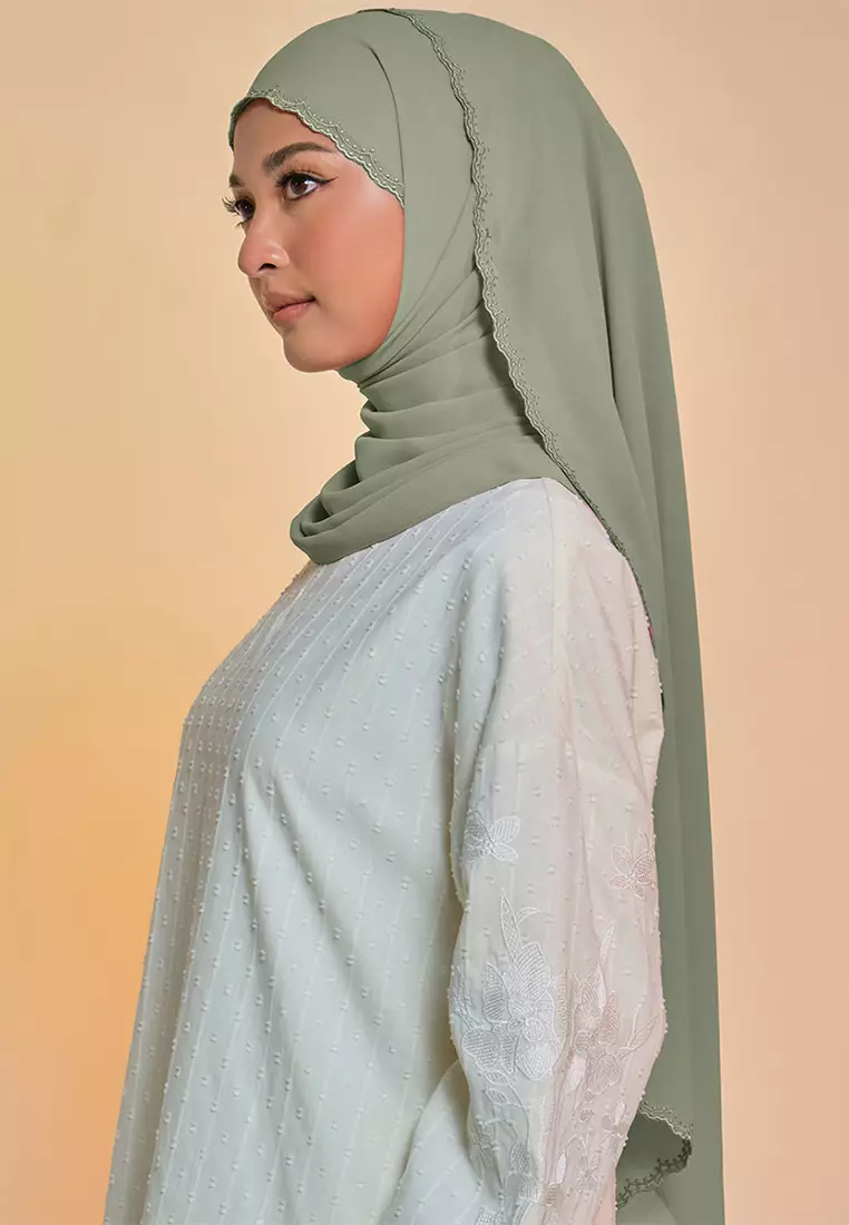 Tanuja Embroidered Scallop Headscarf - Soft Matcha