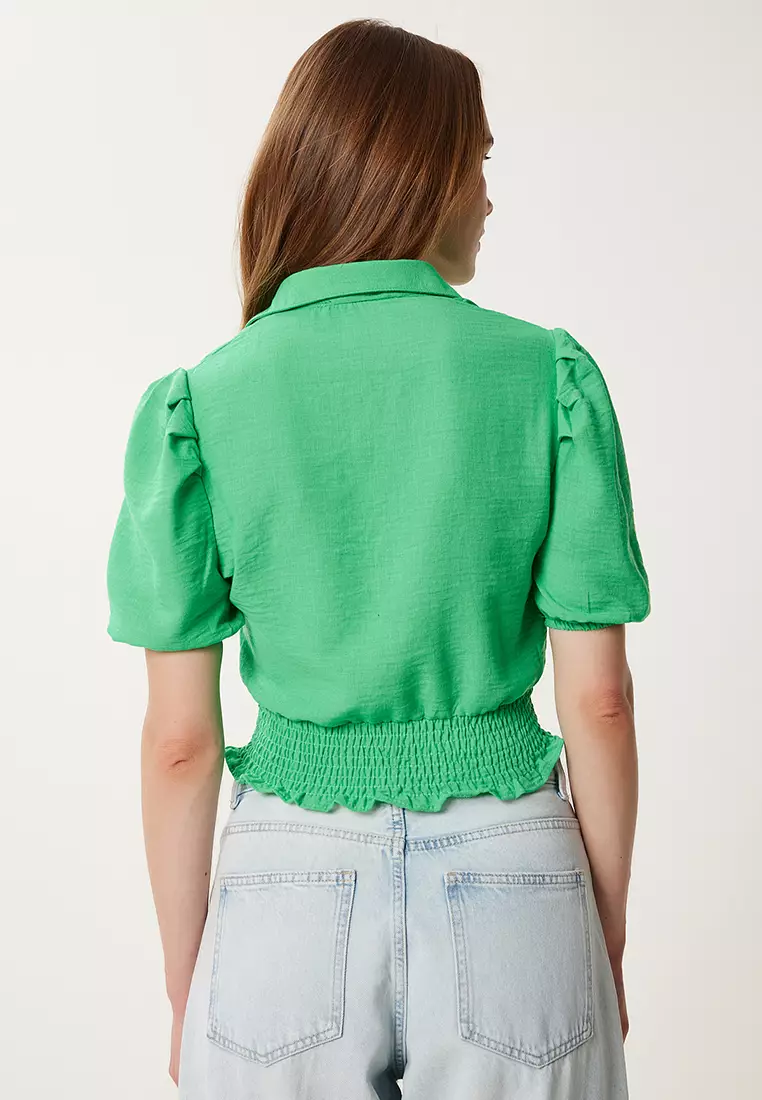 Women Dark Green Balloon Sleeve Linen Crop Shirt Blouse Tp00081