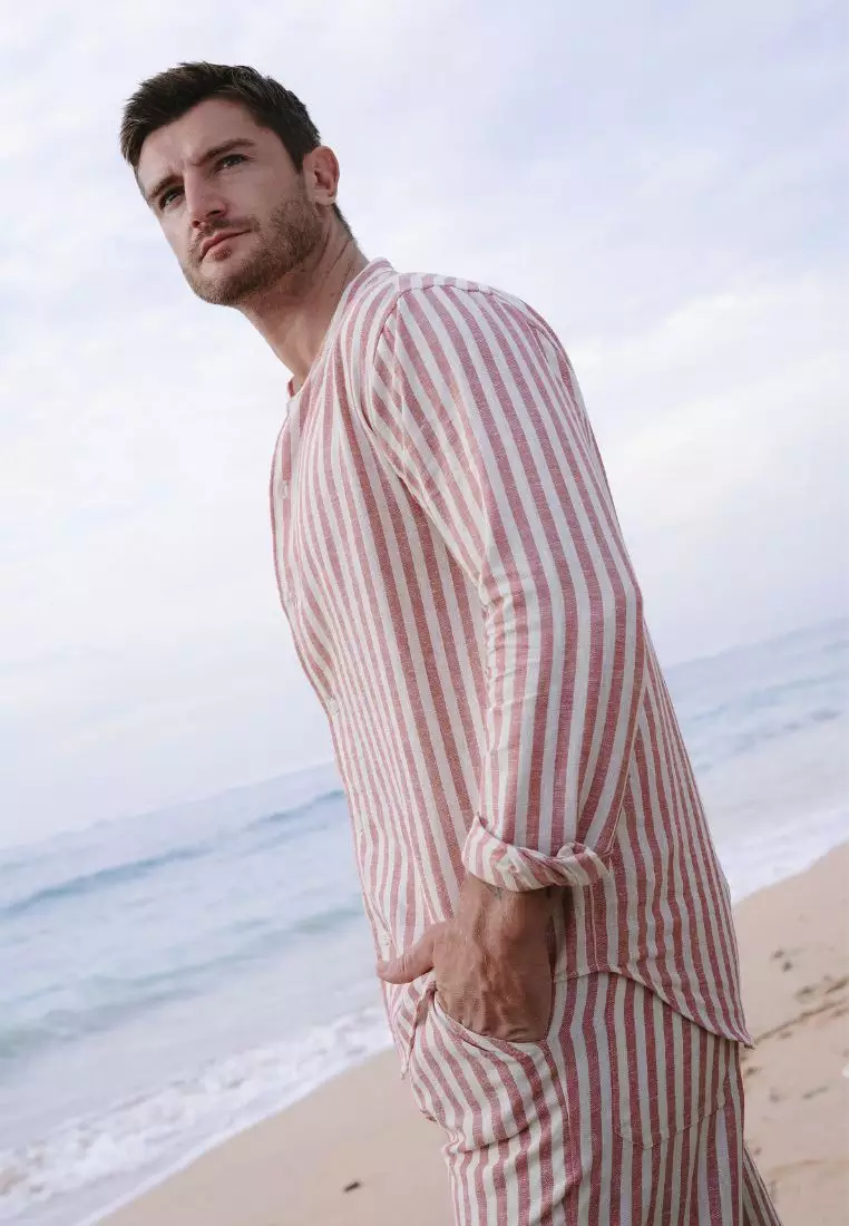 Splitz Kemeja Linen Lengan Panjang Pria Merah Stripe | Linen Long Sleeve Shirt Men Stripped Red