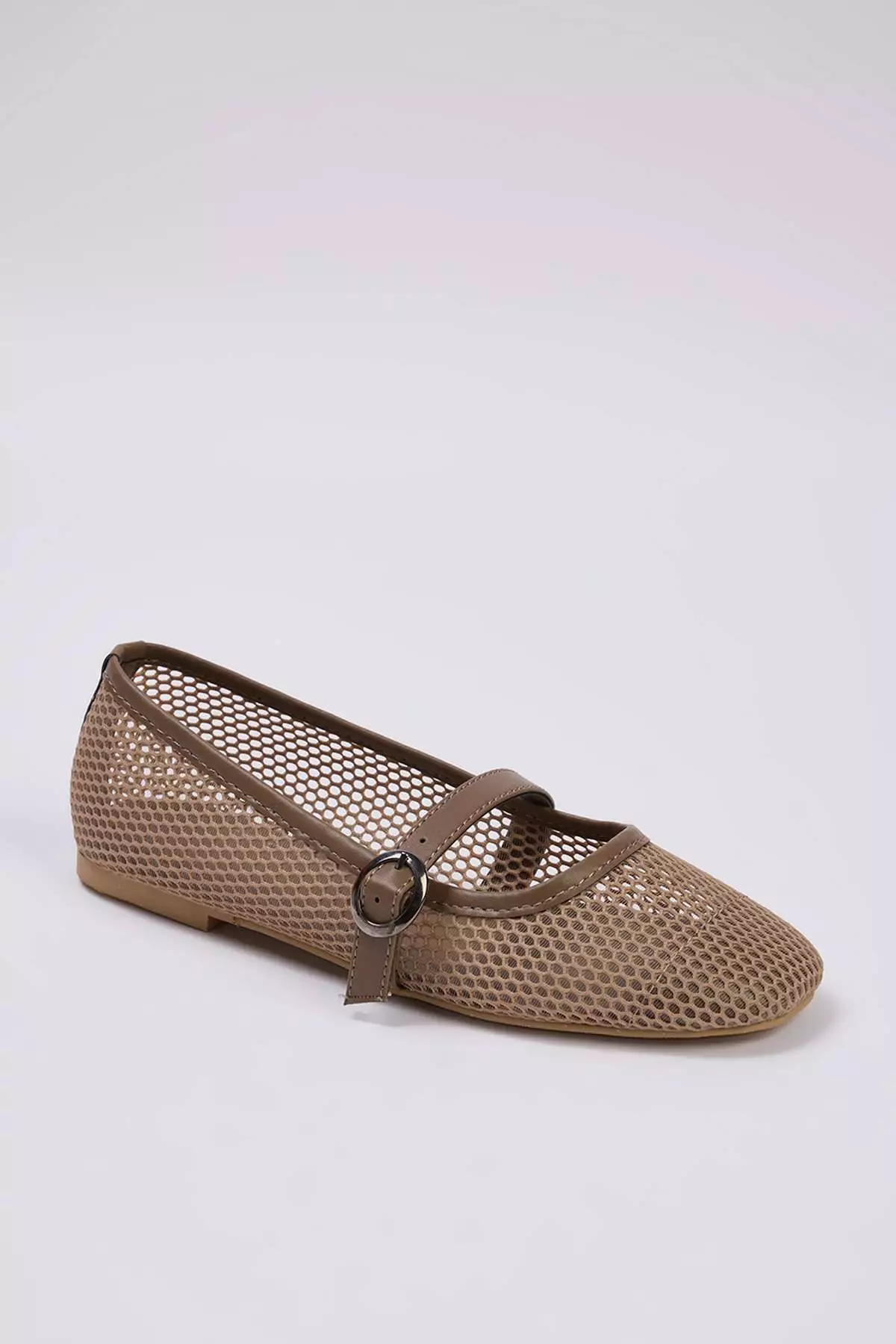 Beige Mesh Round Toe Mary Jane Women's Ballerinas Takss24Be00000