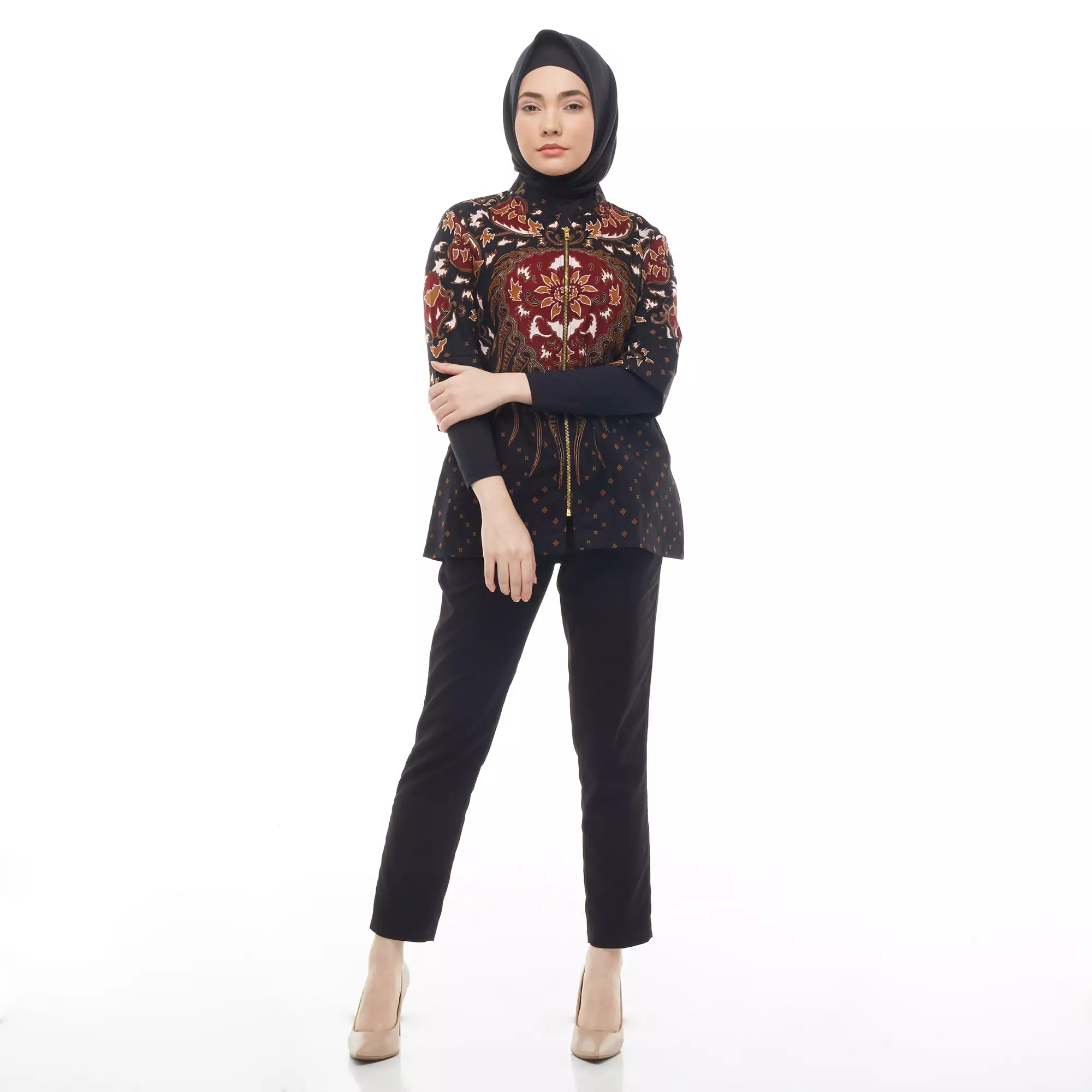Blouse Batik Wanita Modern Tunik Kancing Bungkus Lengan Panjang Warna Hitam Motif Seno Manggah