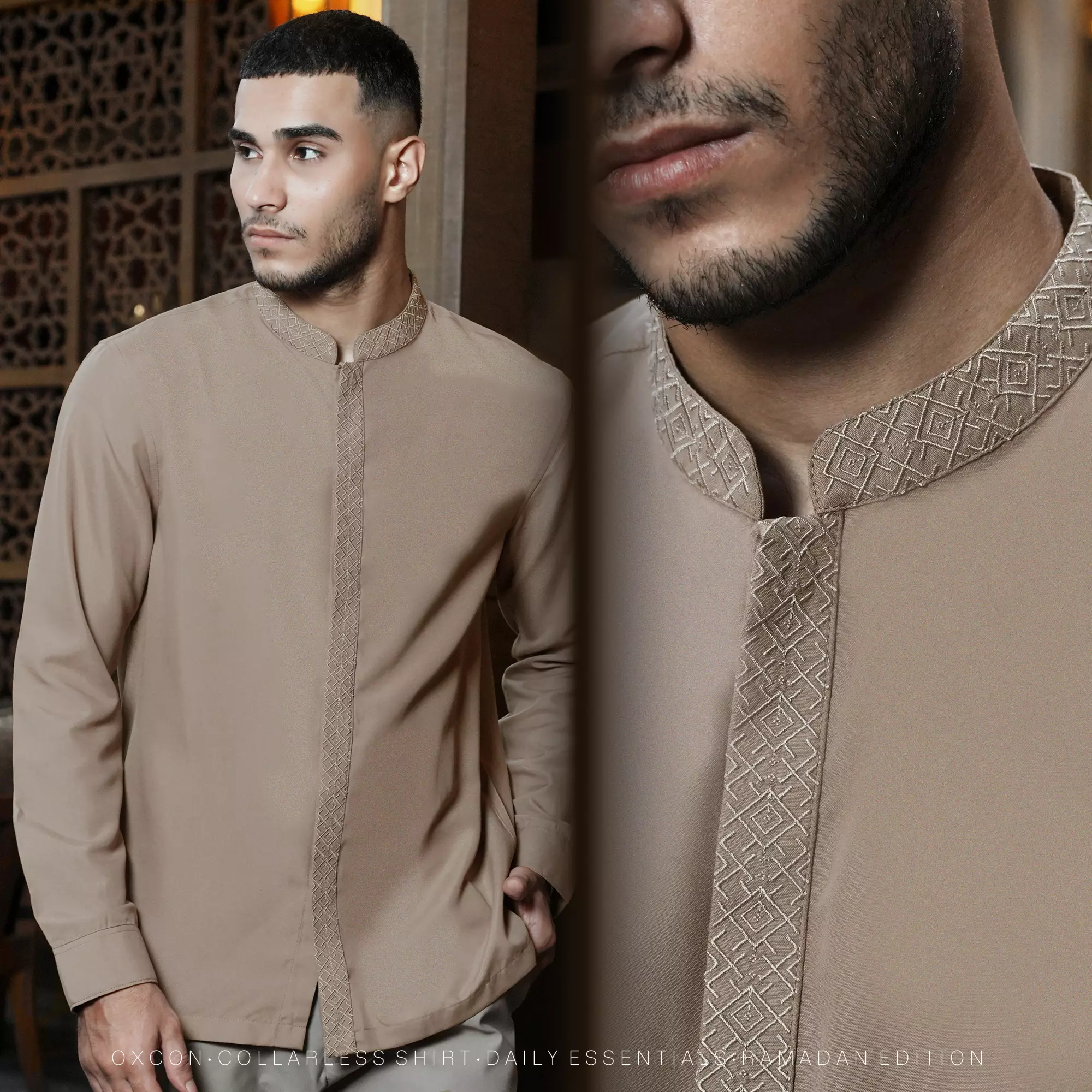 Kemeja Koko Bordir Azril Tangan Panjang Pria Muslim Lebaran Mocca