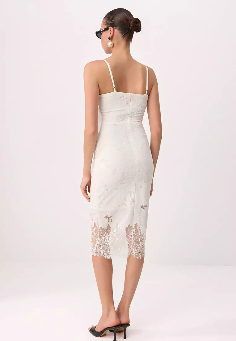 White Plain Knitted Lace Midi Lined Cocktail Dress