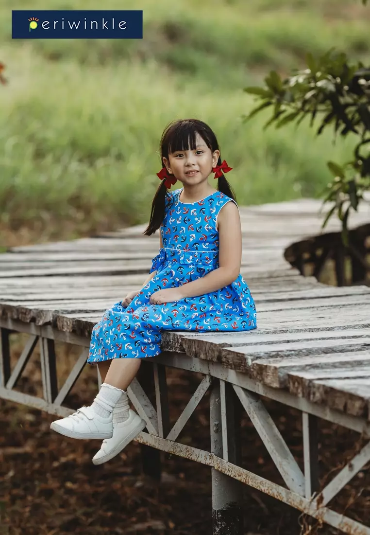 Gretche Girls Blue Anchor Print Dress with Bow Details at Front