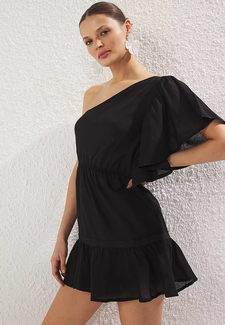 One Shoulder Mini Woven Flounce Beach Dress