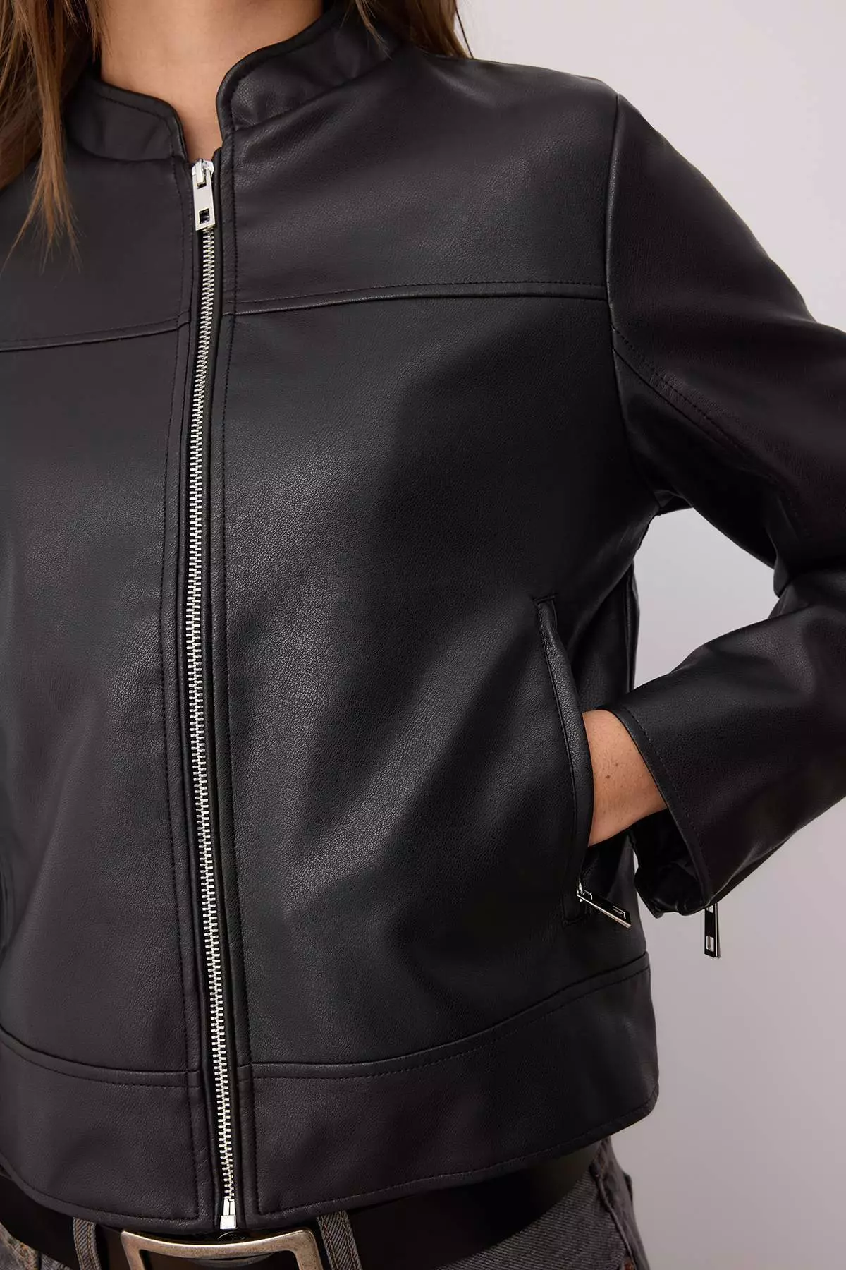 Black Fitted Mold Faux Leather Biker Slim Jacket Coats