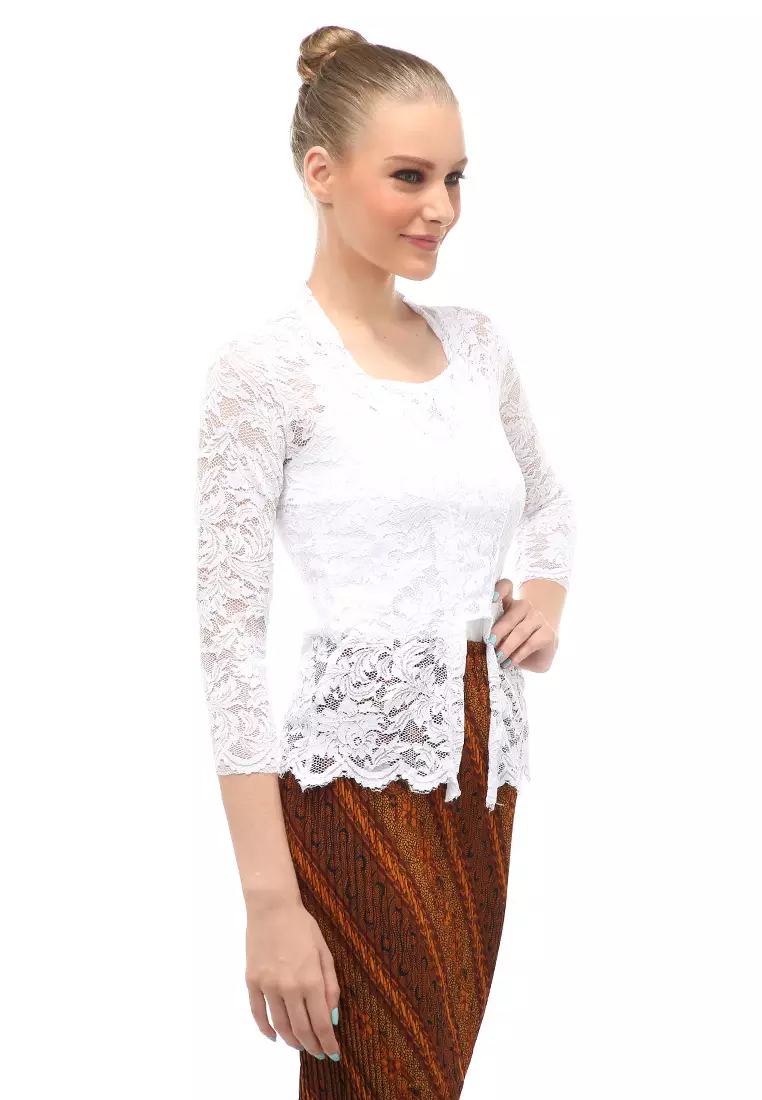 Hara Kebaya Seri 1 Motif Brokat Long Sleeves Atasan Wanita Transparan Premium Quality - Putih