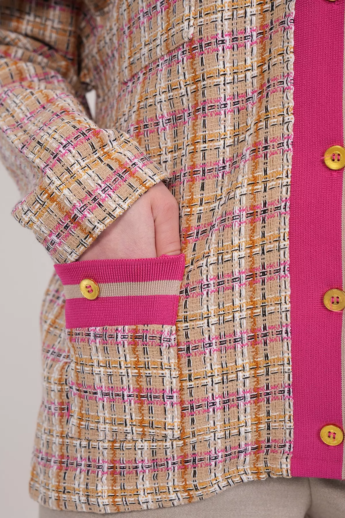 Women'S Fuchsia Pocket Detailed Tweed Ribbed Unlined Jacket Alc-X14979