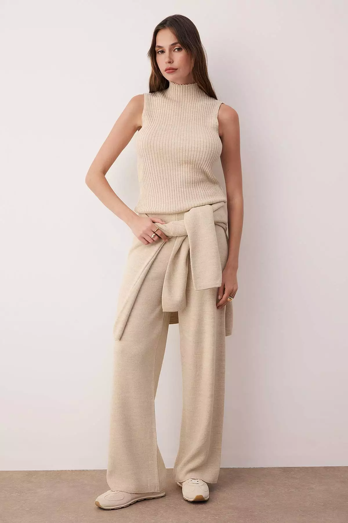 Beige Accessory Detailed 3-Piece Cardigan-Blouse-Pants Knitwear Set Twoaw26Au49