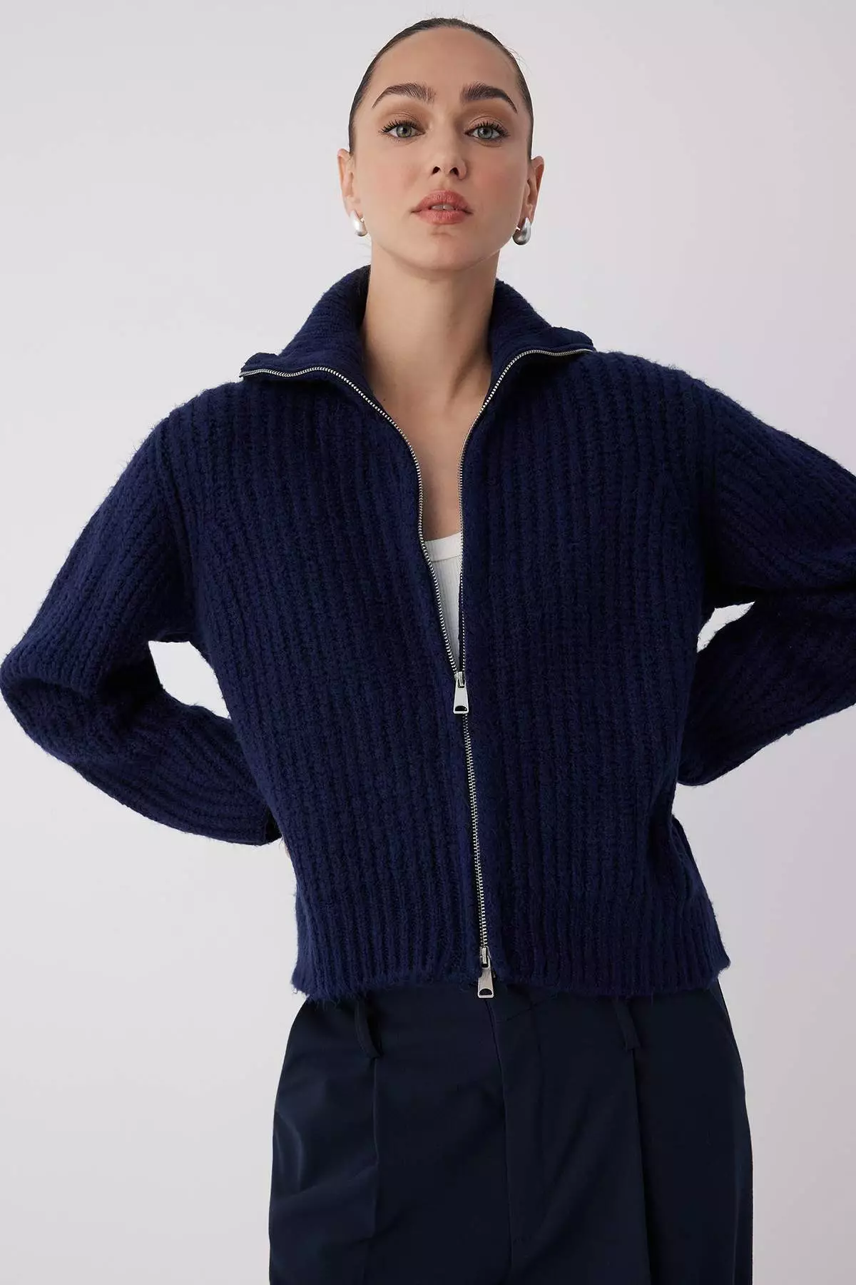 Navy Blue Zipper Detailed Soft Textured Wide Fit Turn Down Collar Knitwear Cardigan