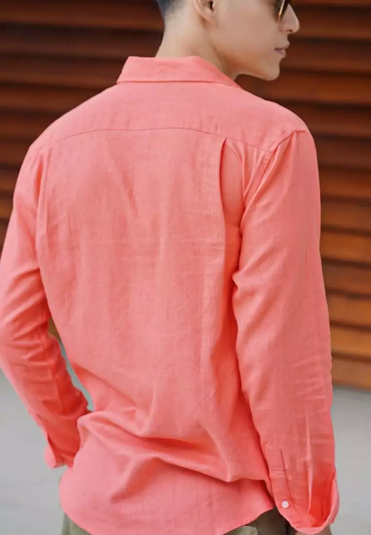 Coral Kemeja Linen Lengan Panjang Pria Merah Muda | Linen Long Sleeve Shirt Men Red
