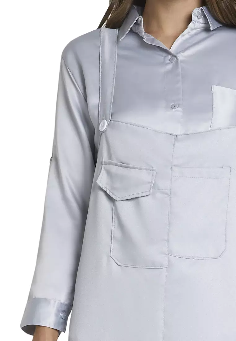 Gaynelle Overall Moscrepe Aiko Motif Solid Mini Dress Wanita Design Simple - Abu Muda