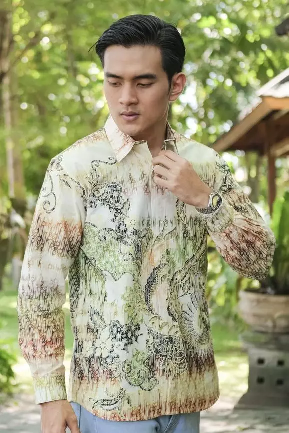 Arimbi Orange Kemeja Pria  Panjang Slim Fit Digital Print