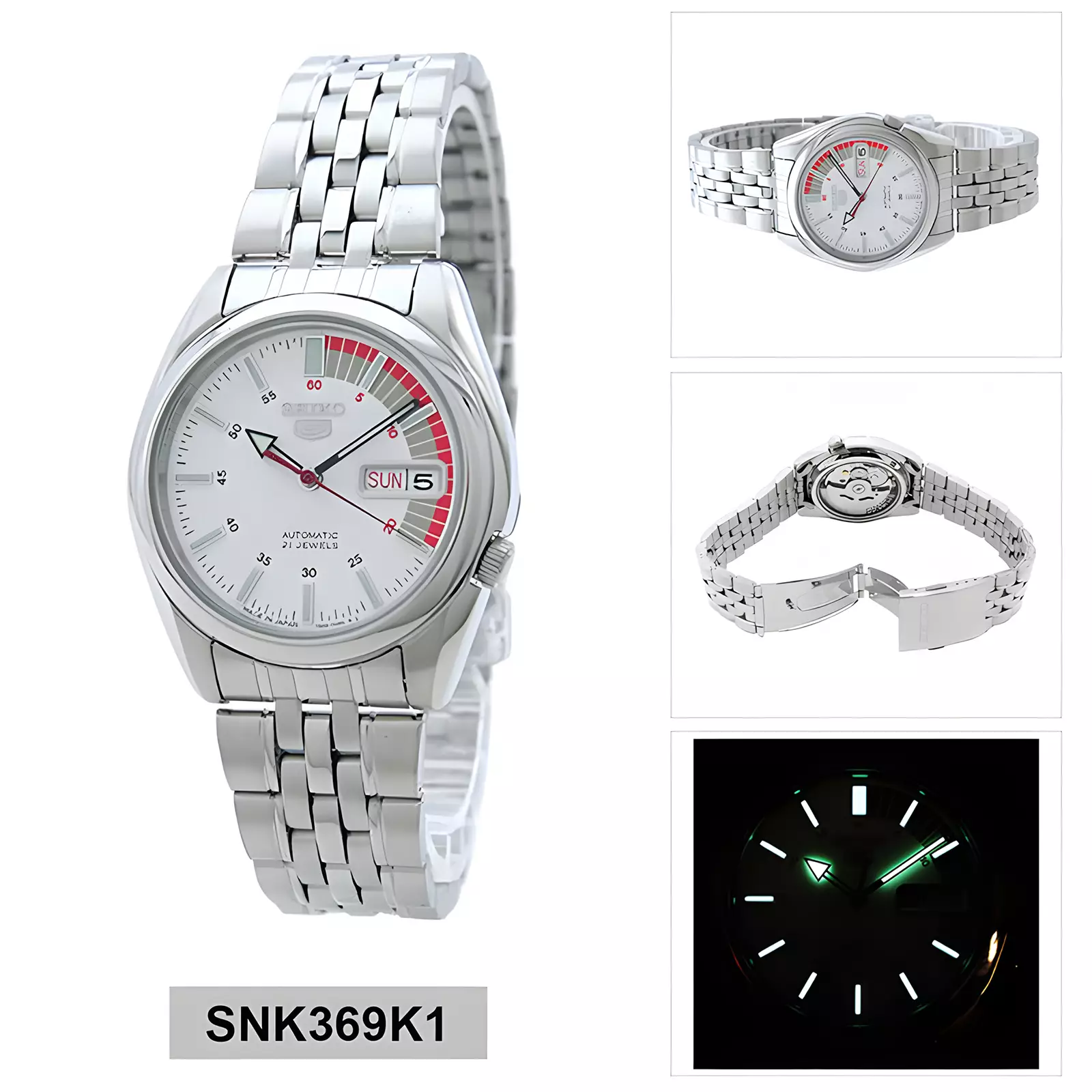 Seiko 5 Automatic 21 Jewels - Jam Tangan Analog Pria - White Dial - All Stainless Steel - SNK369K1