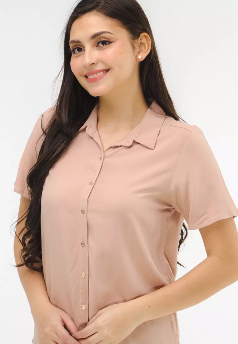 Woven Plain Rayon Short Sleeves Blouse