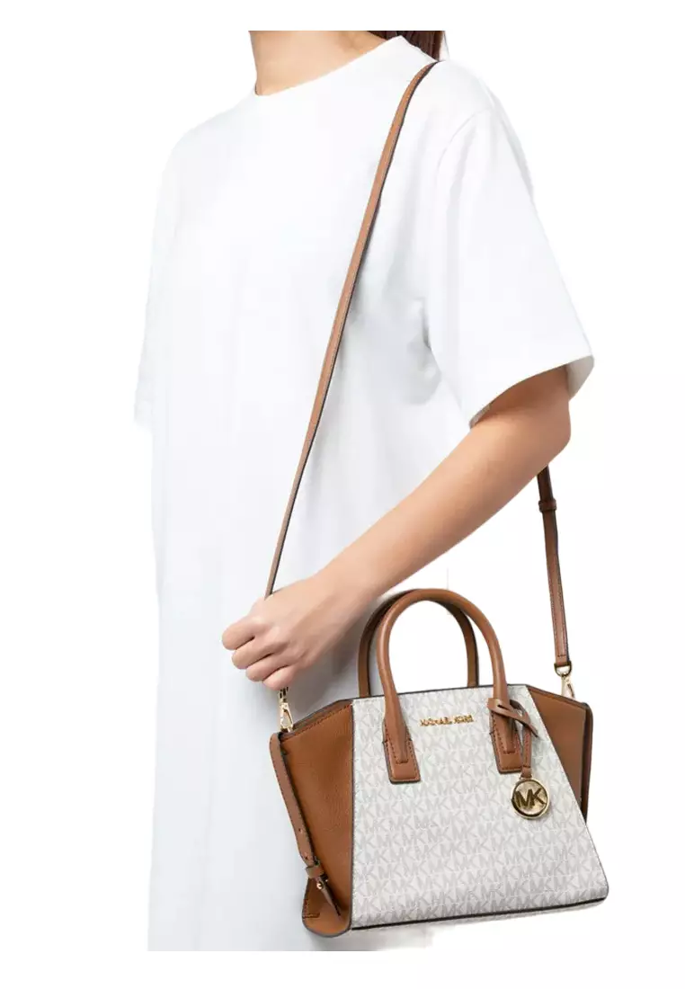 Avril Small Signature Top Zip Satchel - Vanilla/Brown