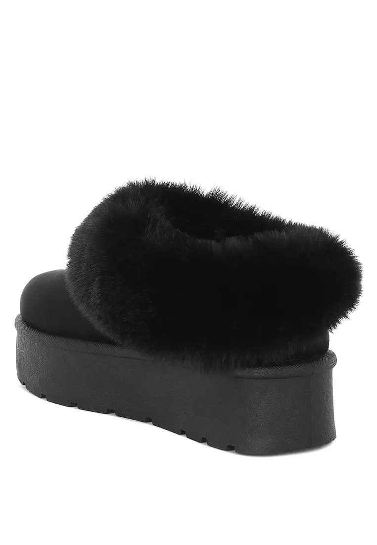 Sepatu Bot Salju Slip On Bulu Palsu Warna Hitam