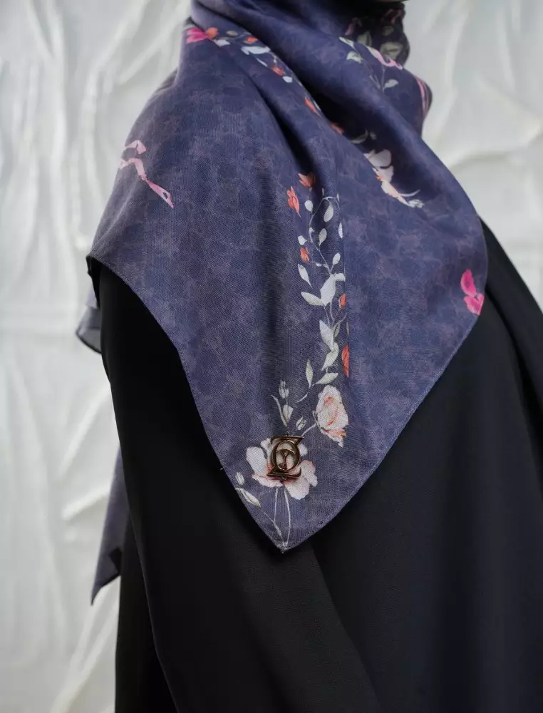 FLEUR Scarf Navy - Kerudung Hijab Segiempat Motif With BOX - Bahan Nesla - Ukuran 115x115