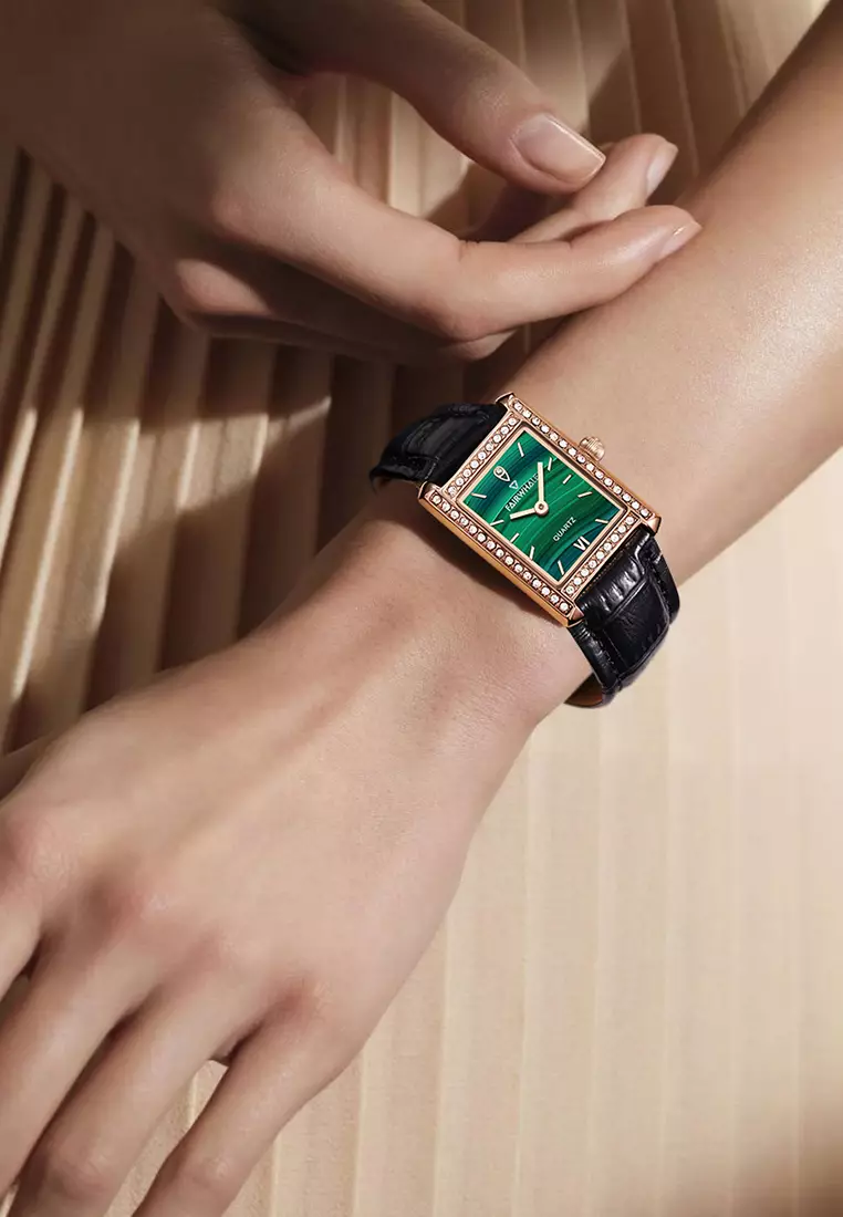 女士 IP 玫瑰金色不鏽鋼石英手錶，24 毫米，鋪滿水晶，孔雀石錶盤，黑色皮錶帶