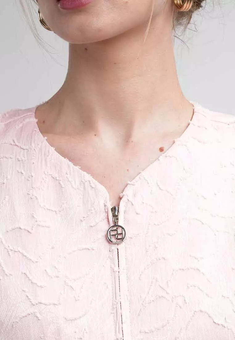 Sola Textured Zip-Front Blouse with Puff Sleeves