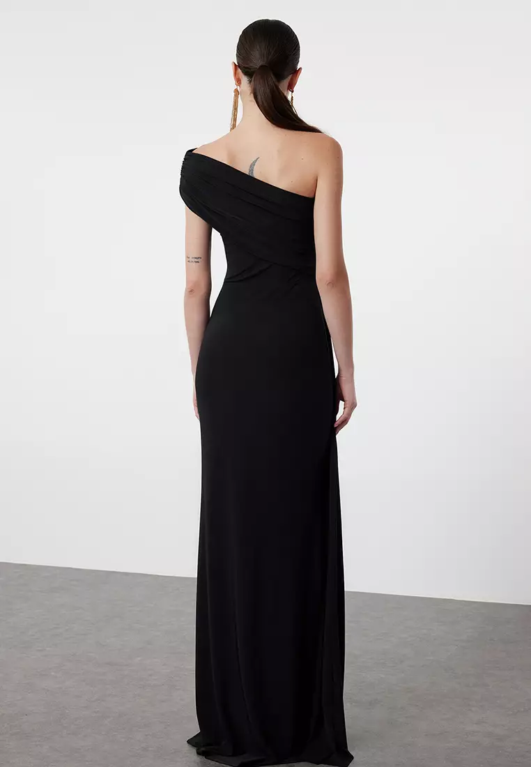 Black Asymmetric Neckline Long Evening Dress Graduation Christmas Dress