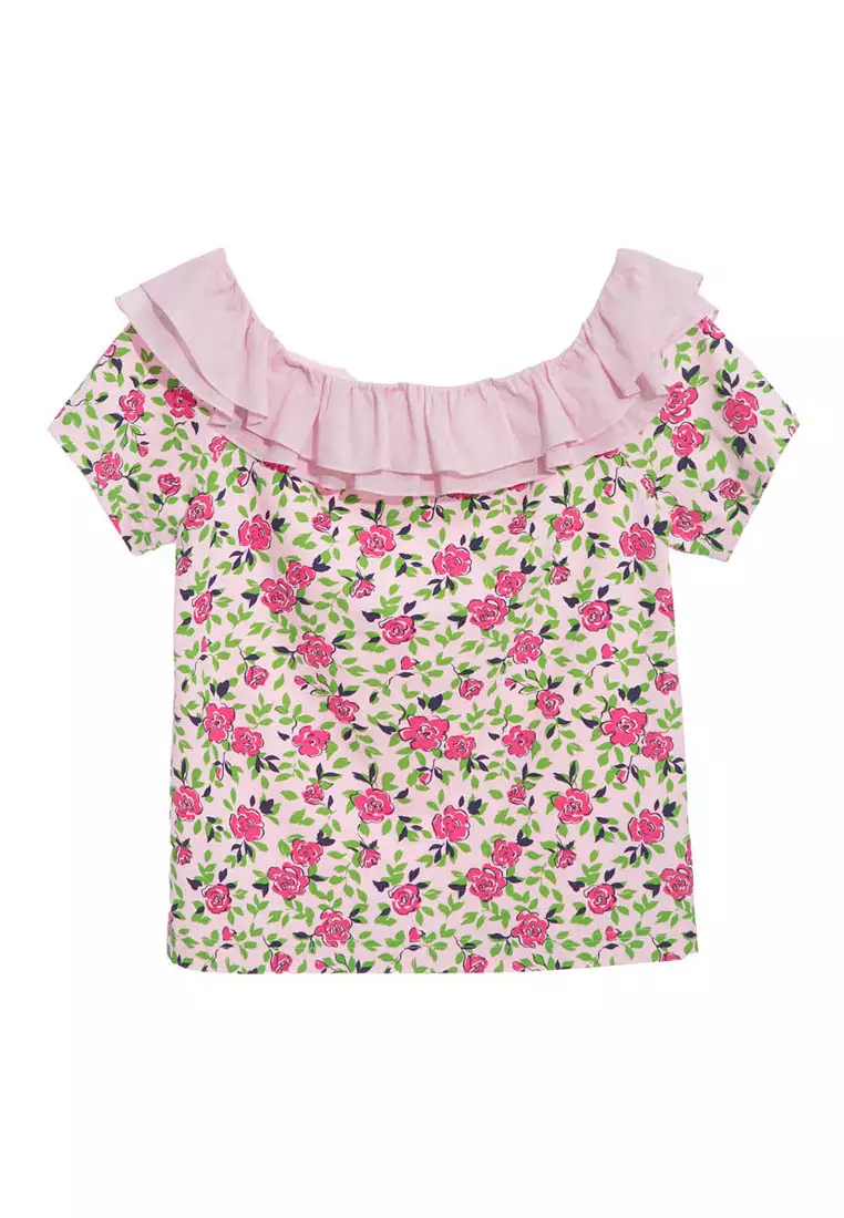 Floral Print Top With Flounce Neckline