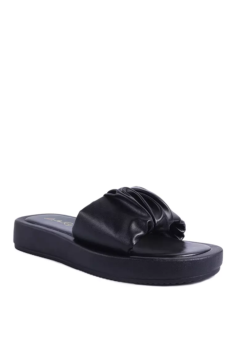 Black Ruched Strap Slider Sandals