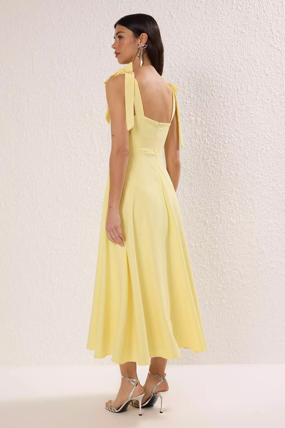 Light Yellow A Line Strap Lacing Detailing Midi Stylish Evening Dress