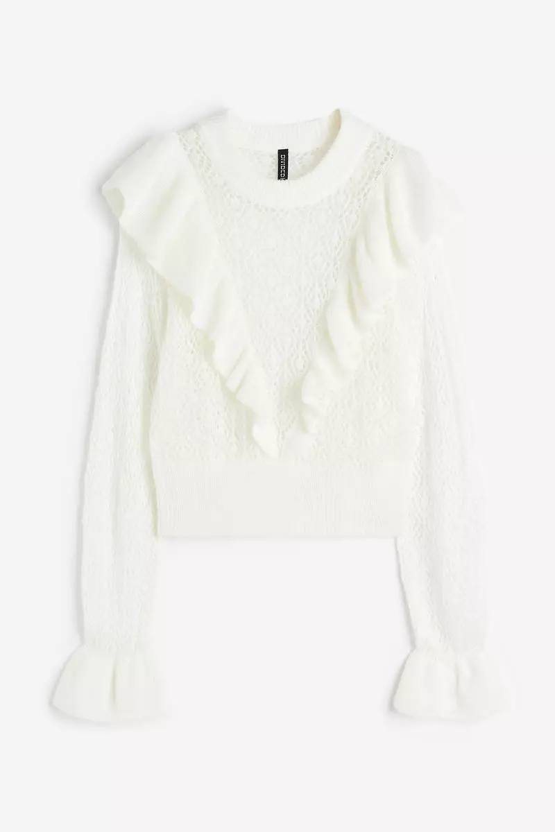 Frill-trimmed pointelle-knit jumper