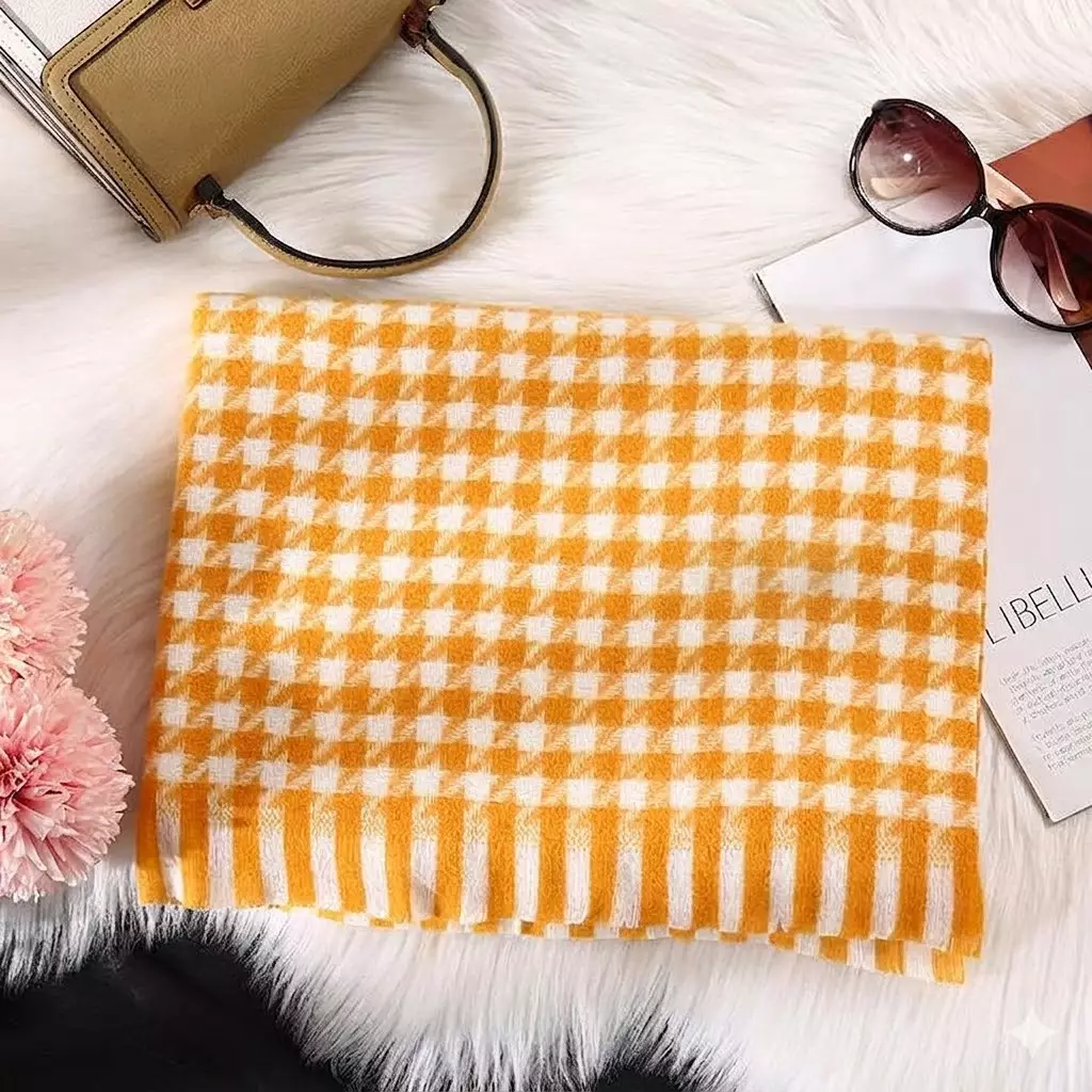 San Marco Houndstooth Cashmere Shawl Syal Wanita Kasmir Yellow & White