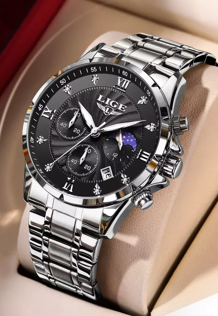 Chronograph Unisex Stainless Steel Quartz Watch, black dial, on Steel Bracelet