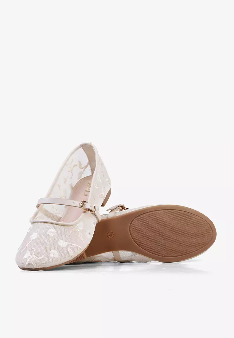 Eloise Mary Jane Mesh Flat Shoes Embroidery Flower Ballerina Cream