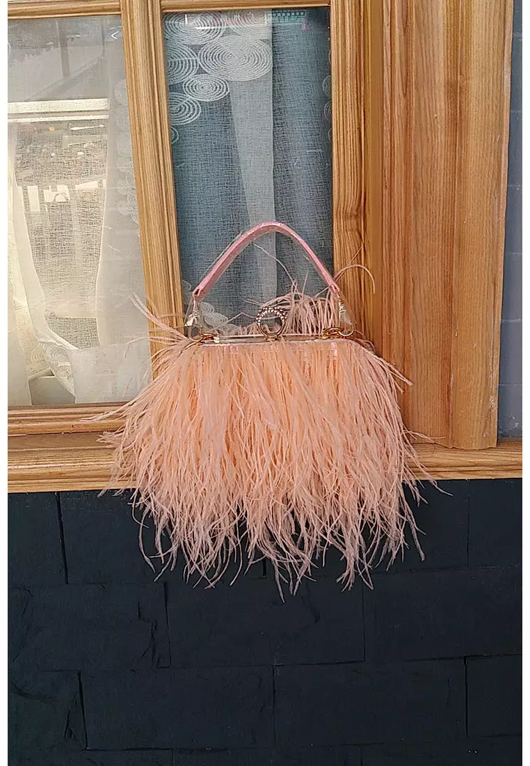 Ostrich Feather Ring Buckle Chain Crossbody Shoulder Small Square Bag