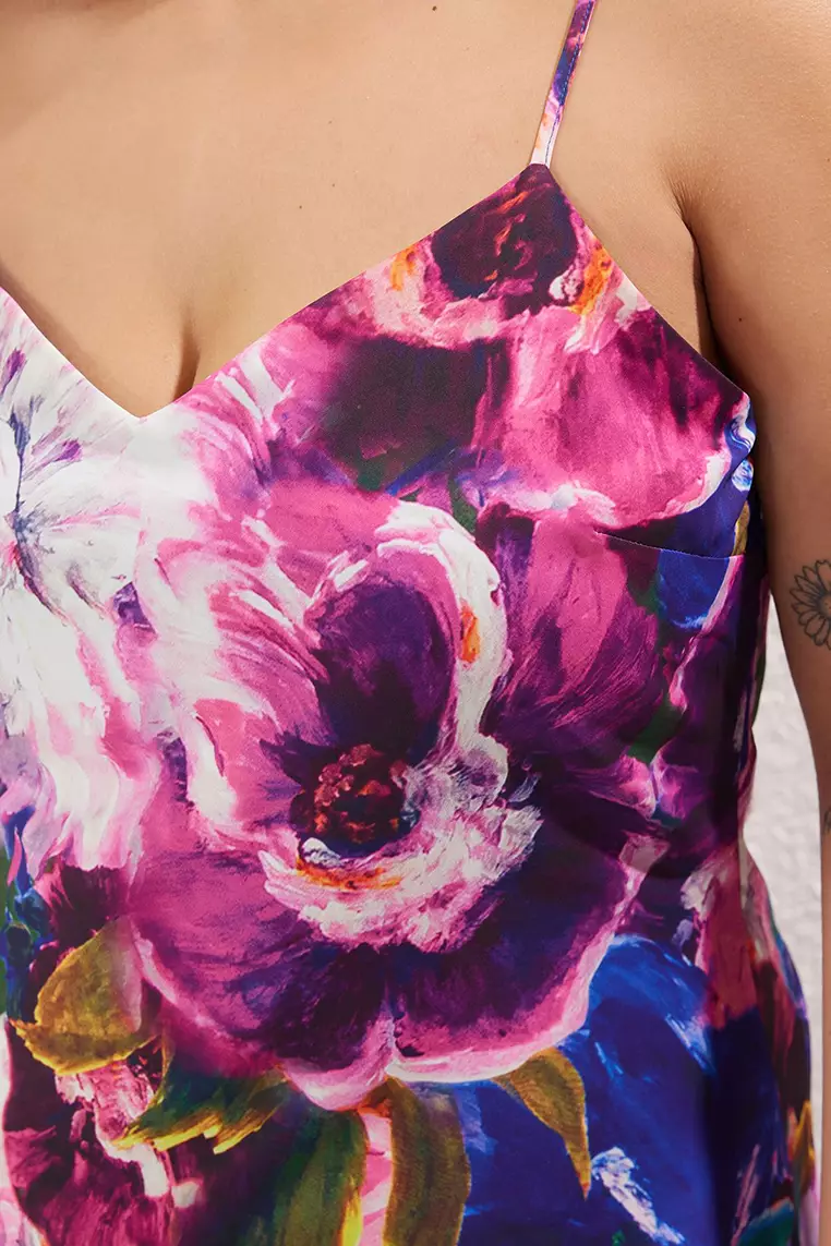 Multi-Colored Floral Adjustable Satin Maxi Woven with Straps Plus Size Dress