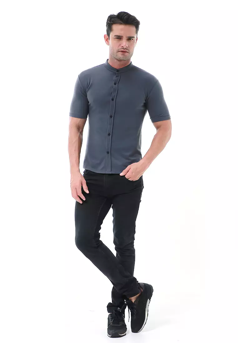 Leopold Atasan Pria Kemeja Kasual Slim Fit Lengan Pendek Motif Polos Material Cotton ORIGINAL - Gray