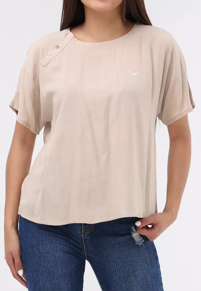 Woven Plain Soft Linen Short Sleeve Blouse