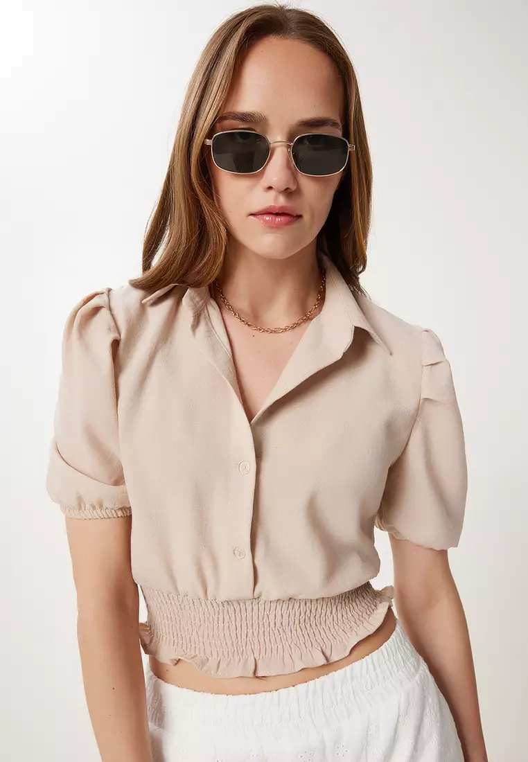 Women's Beige Balloon Sleeve Linen Crop Shirt Blouse Tp00081